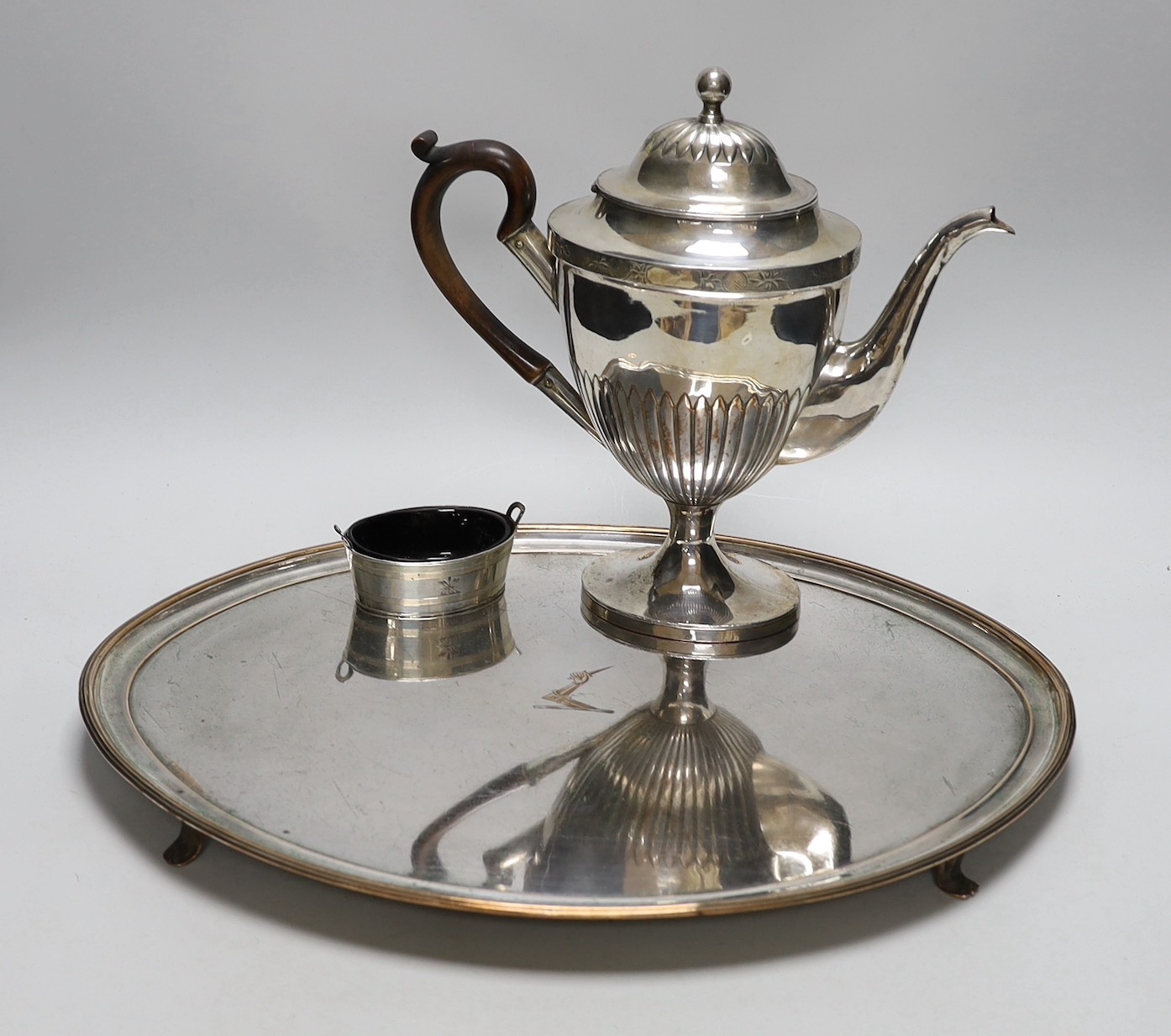 An Old Sheffield Plate coffee pot, an oval tray, 45cms wide and oval salt